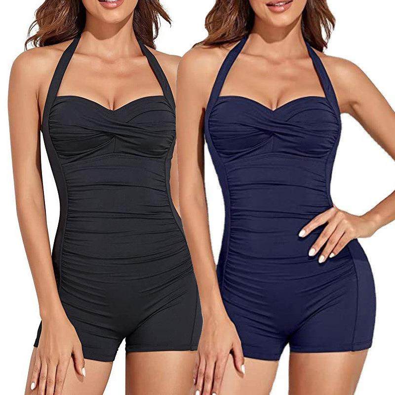 Boxer One-Piece Swimsuit Women Sexy Backless Solid Color