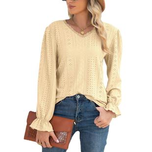 lace tops sleeved Women long stitching hollow loose