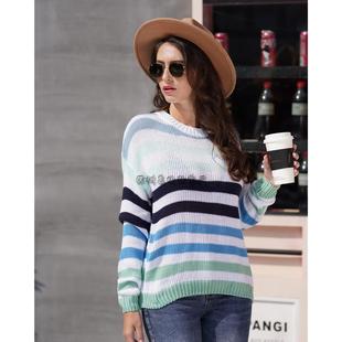 round striped sweater pullover neck rainbow Womens contrast