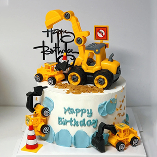 饰摆件工程车推土机六一儿童节烘焙甜品台 挖掘机儿童生日蛋糕装