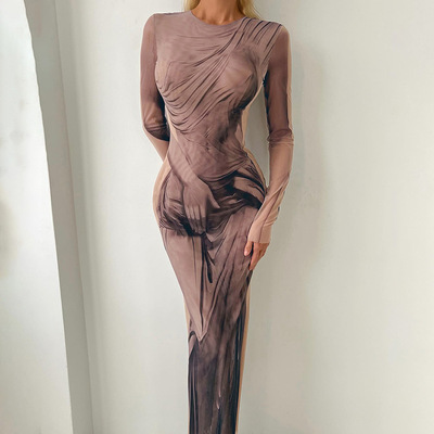 欧美性感网纱印花修身开叉连衣裙