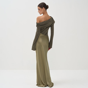 欧美女装森系御姐气质优雅礼服长裙 斜领长袖修身性感鱼尾连衣裙