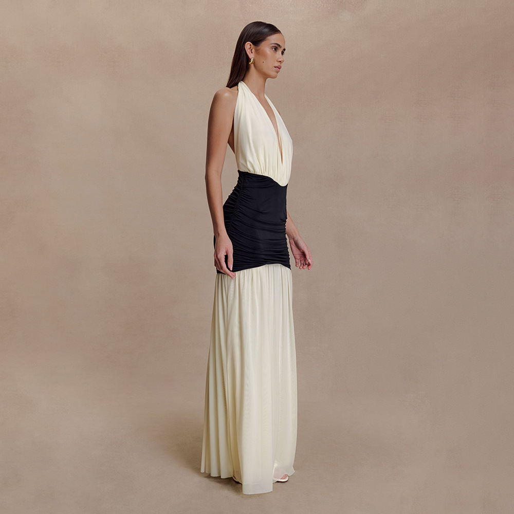 晚礼服宴会深v挂脖气质时尚优雅连衣裙拼接褶皱露背收腰性感长裙