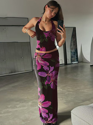 【Dan Lian Season】European and American Style Retro Print Vacation Halter Neck Top High-Waisted Bodycon Skirt Set
