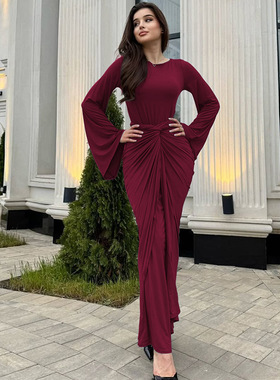 丹恋季节秋巨显身材霸气宴会生日礼服气质褶皱收腰系带长袖连衣裙