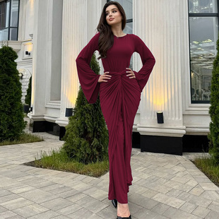 丹恋季节秋巨显身材霸气宴会生日礼服气质褶皱收腰系带长袖连衣裙