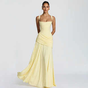 优雅气质性感礼服低胸吊带连衣裙欧美风纯色收腰露背鱼尾裙长裙女