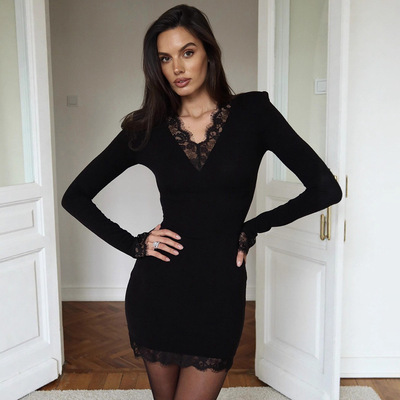 秋冬高弹V领修身长袖包臀连衣裙