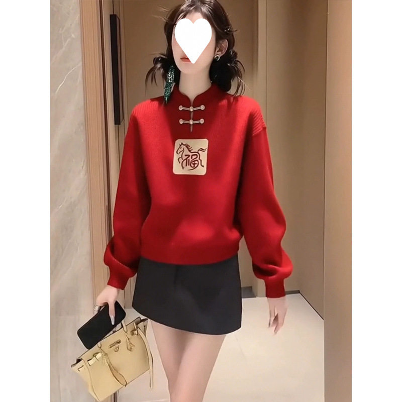 新中式国风盘扣白马红色圣诞毛衣女款2026新款冬季本命年马年衣服