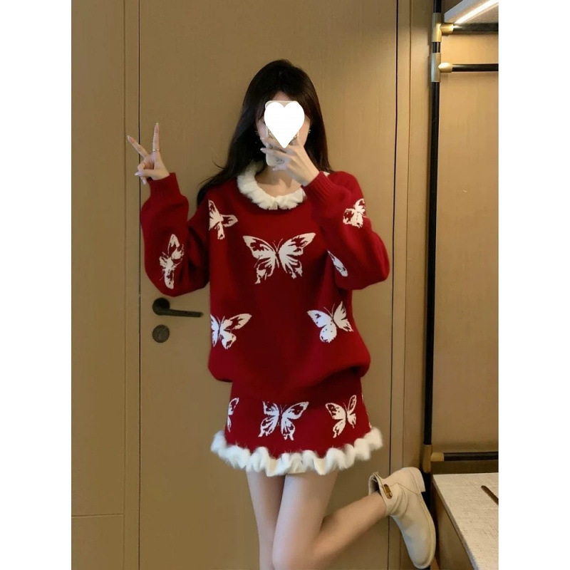 红色蝴蝶提花针织套装女2026新款春季穿搭荷叶边上衣半身裙两件套