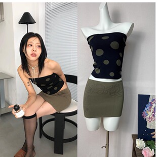 低腰镂空mini短裙套装 辣妹复古针织抹胸圆点提花上衣2025夏季 新款