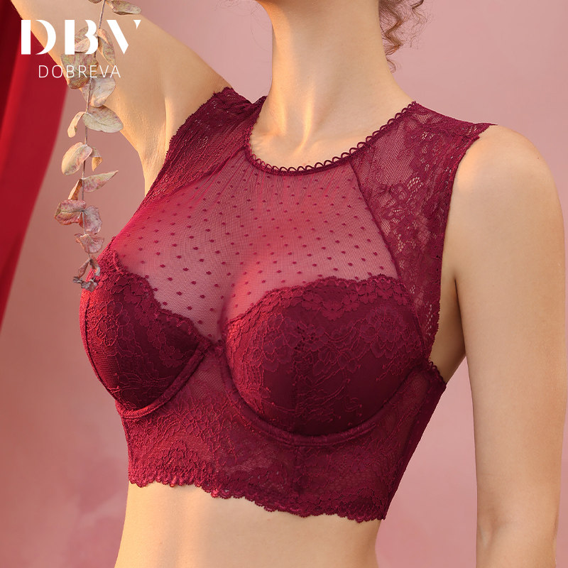 DBV本命年红色高领法式蕾丝内衣女夏季薄款大胸显小美背背心文胸