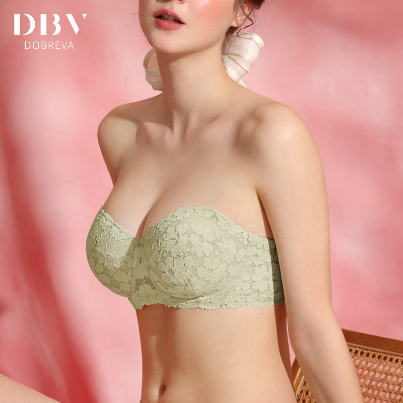 DBV防滑无肩带内衣女大胸显小薄款大码文胸防下垂抹胸蕾丝甜美夏