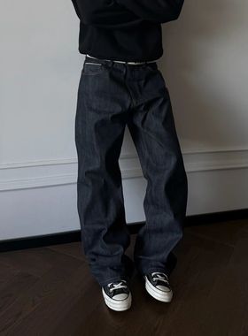 ''TZG''16OZ未脱浆做旧窄幅红边赤耳原牛复古直筒百搭纯色牛仔裤