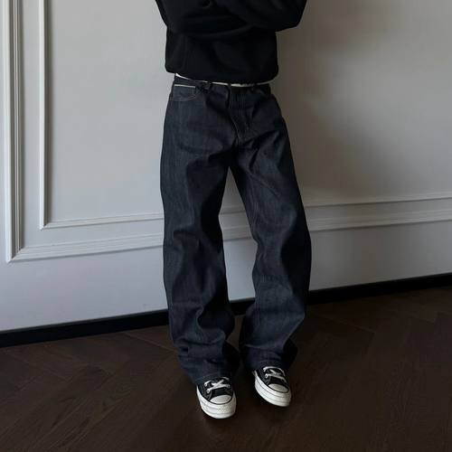 ''TZG''16OZ未脱浆做旧窄幅红边赤耳原牛复古直筒百搭纯色牛仔裤