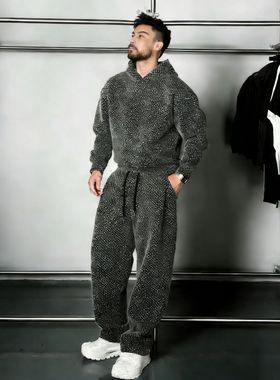 2025H·K美狮潮牌时尚冬季加绒加厚老钱风格纹套装复古宽松