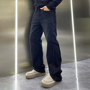 立体裁剪磨毛加绒弹力微喇直筒水洗牛仔裤显高显瘦痞帅长裤秋冬男
