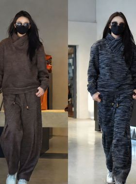 2025H·K美狮潮牌时尚冬季不规则领口设计休闲加厚加绒百搭套装