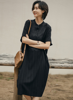 无谓铜氨丝连衣裙女2026夏季新款黑色宽松文艺中长裙拼接短袖女裙