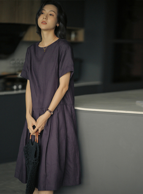 无谓韩式文艺亚麻连衣裙女2026夏季新款女装休闲宽松收褶中长裙子