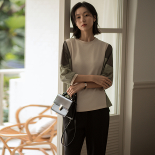 拼接撞色上衣七分袖 收腰宽松大码 气质T恤女 新款 无谓文艺2025秋季