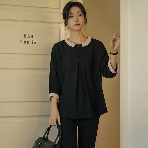 无谓韩式文艺2026春季新款女装宽松撞色拼接七分袖圆领衬衫女上衣
