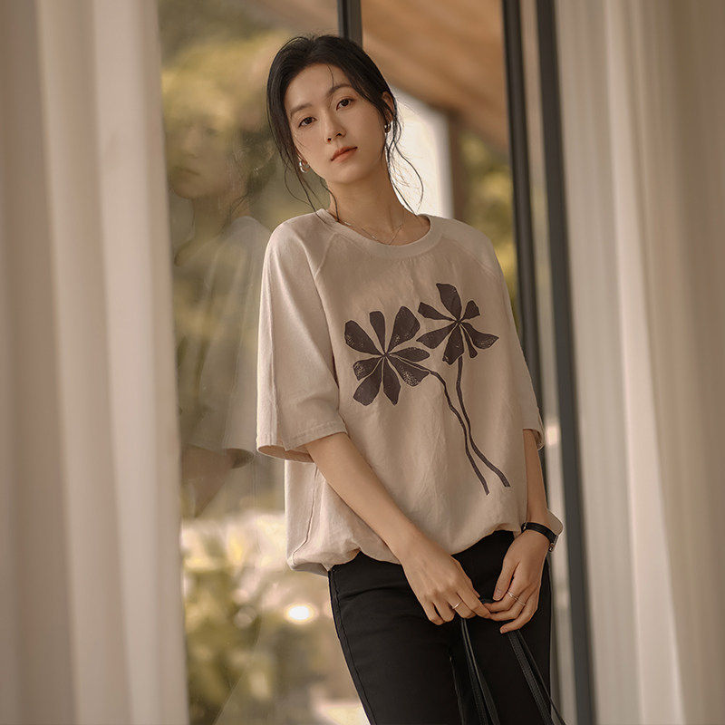 无谓今年流行漂亮的女装宽松显瘦撞色印花收腰气质T恤女夏季上衣图片