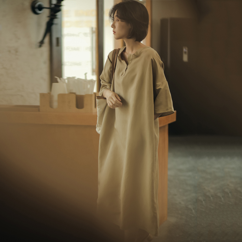 无谓亚麻连衣裙2023夏季新款女装宽松遮肉显瘦大码遮肚子过膝长裙
