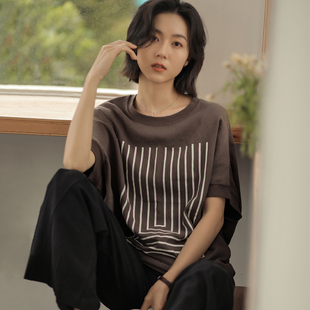 寬松短袖 無(wú)謂拼接上衣2025夏季 女裝 圓領(lǐng)休閑印花雪紡T恤衫 新款 女