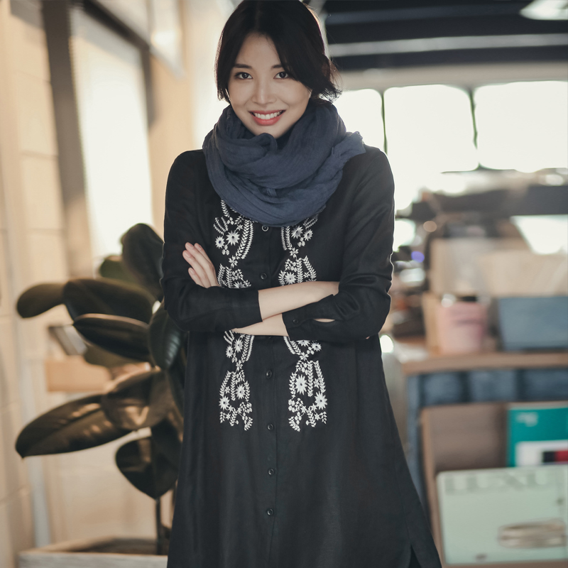 10月28日最新优惠无谓韩式文艺2019秋季新款女装刺绣衬衫裙宽松中长款亚麻连衣裙女