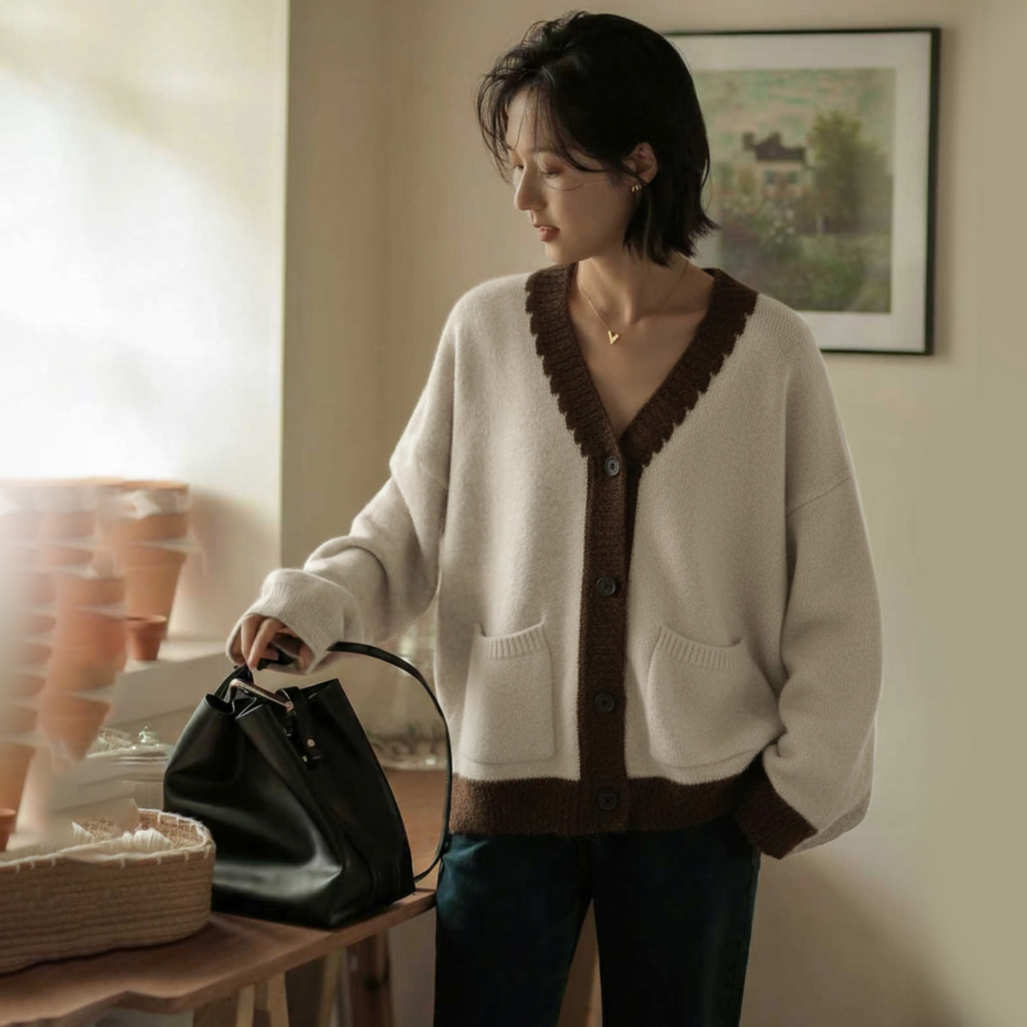 无谓韩式文艺2025年秋冬新款女装宽松撞色毛衣设计感打底针织衫女