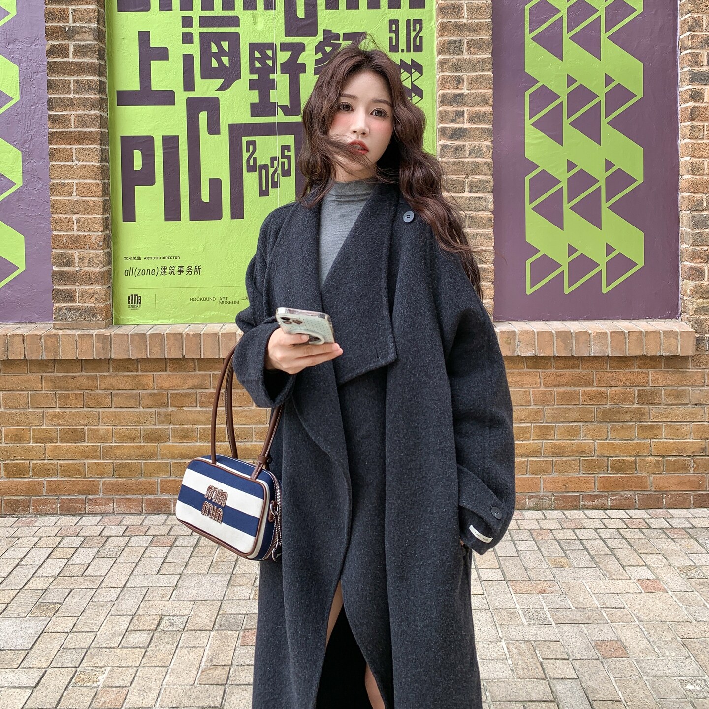 2026韩式宽松时尚深灰色商场同款加厚中长款毛呢双面羊绒外套大衣