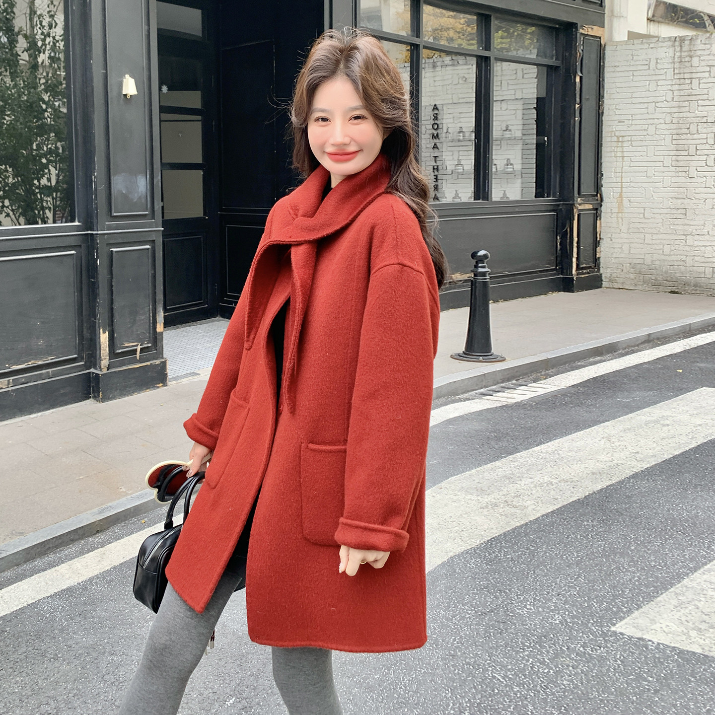 中长款双面毛呢羊绒大衣外套红色