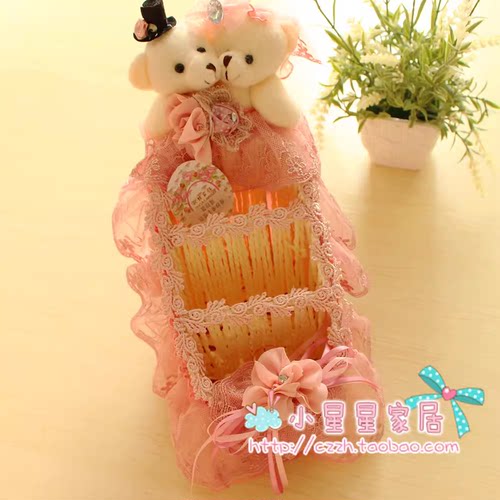 田园布艺化妆品收纳篮 可爱情侣熊桌面整理篮手机遥控器储物篮