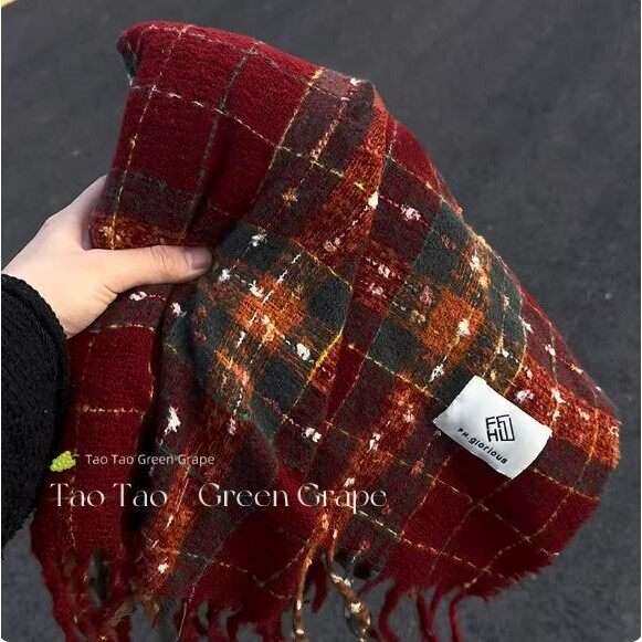 红色格子圣诞围巾女冬季2025新款高级韩系氛围感加厚披肩新年围脖