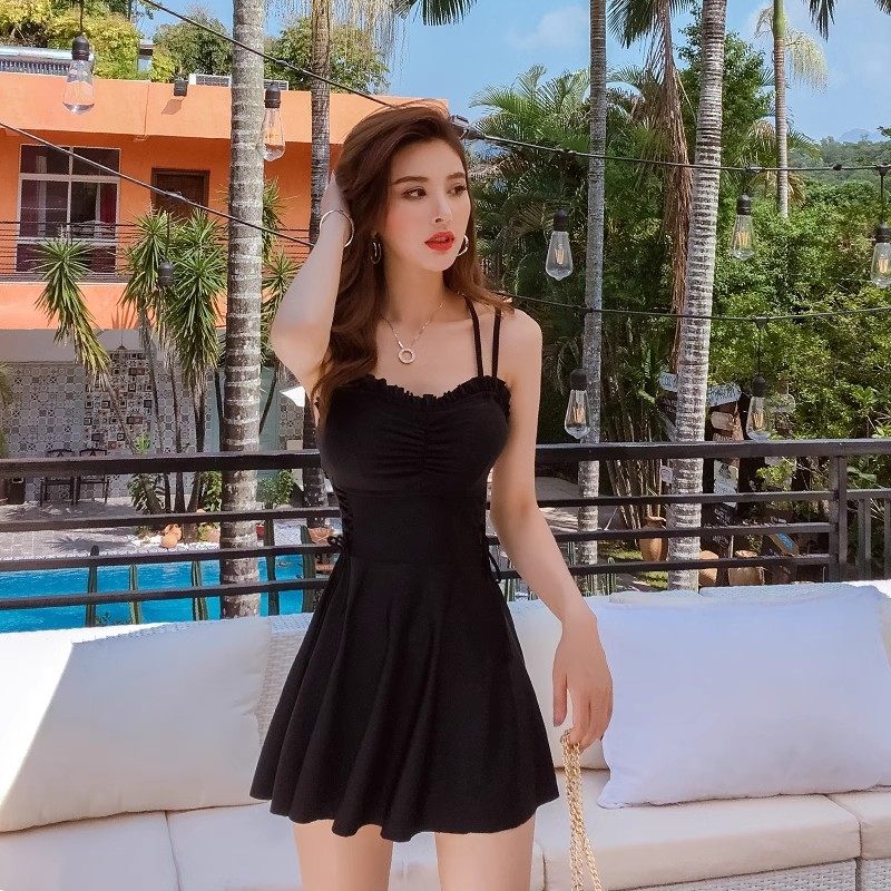 泳衣女裙式分体平角新款纯色遮肚显瘦性感韩版小清新沙滩温泉泳装