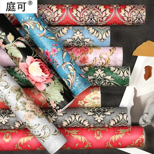 .外贸货源自贴pvc防水墙纸复古欧式大花壁纸自粘3d墙布wall paper