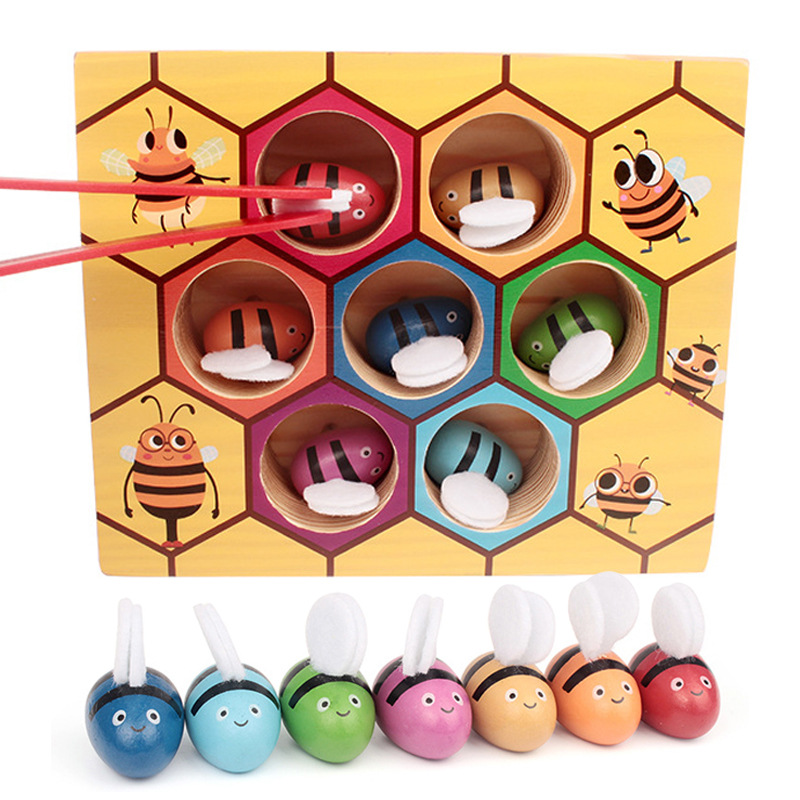 夹小蜜蜂箱游戏钓抓虫桌面木制3-6岁儿童早教益颜色认知配对玩具