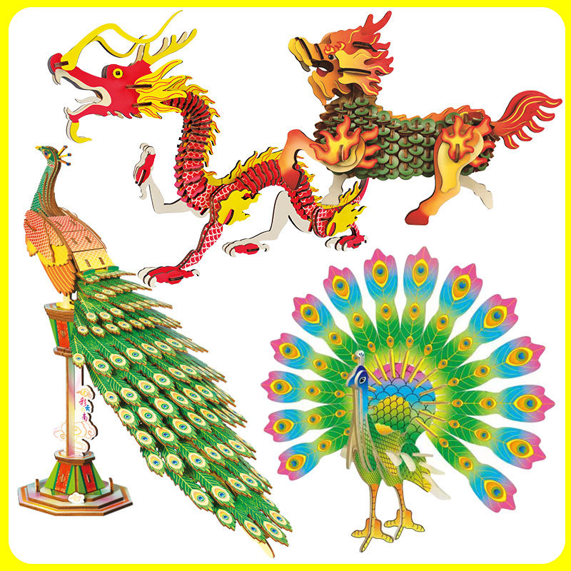 直销木制3D立体拼图木质拼装动物模型玩具手工活动课材料