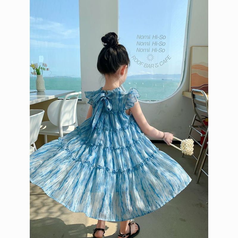 扎染裙子儿童扎染连衣裙儿童女童连衣裙超仙无袖背心飞袖女童套装