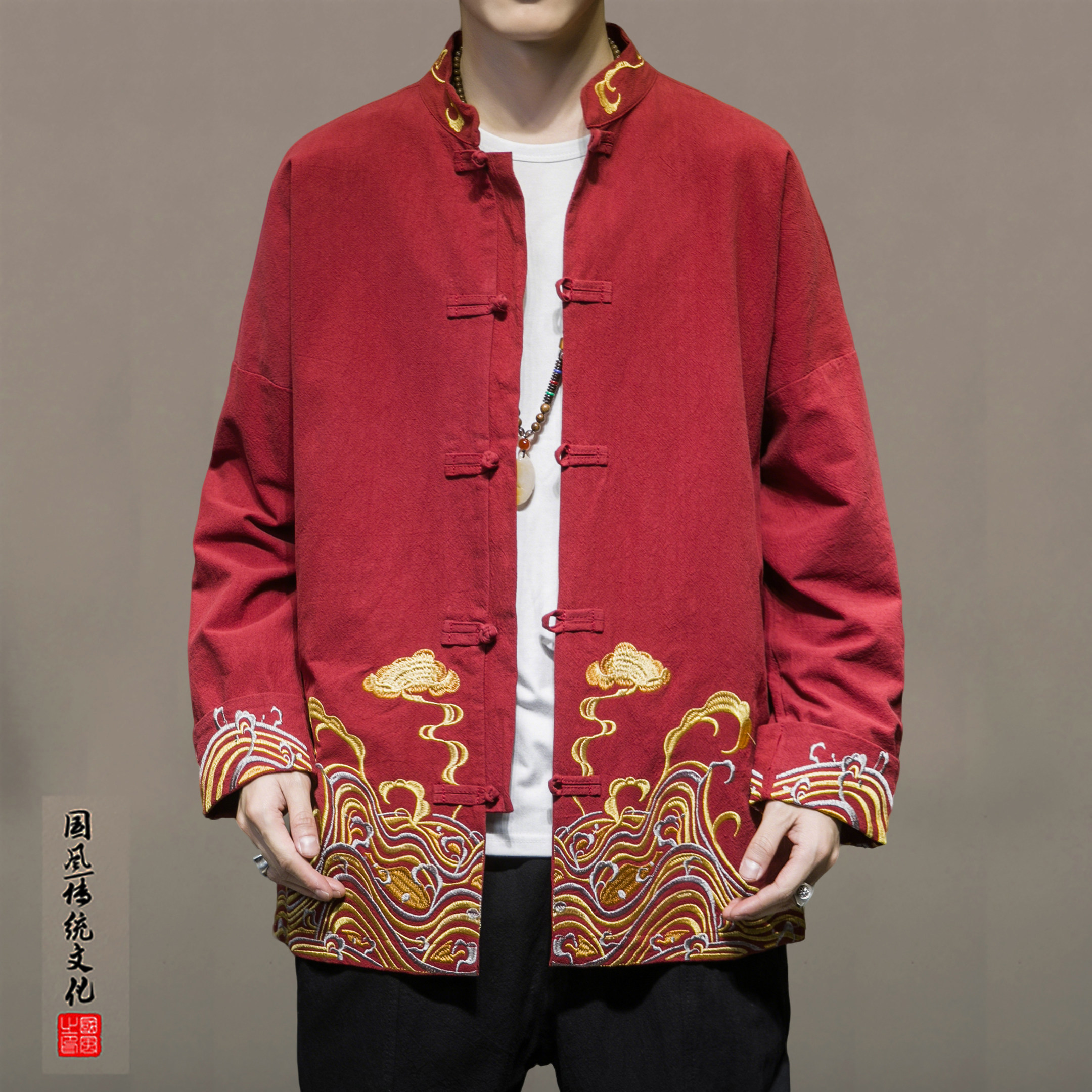 2025新款冬外套男新中式复古文艺夹克男外套立领唐装盘扣红色外衣,男装,秀禾服,淘宝优惠券,粉丝福利购,淘宝优惠卷