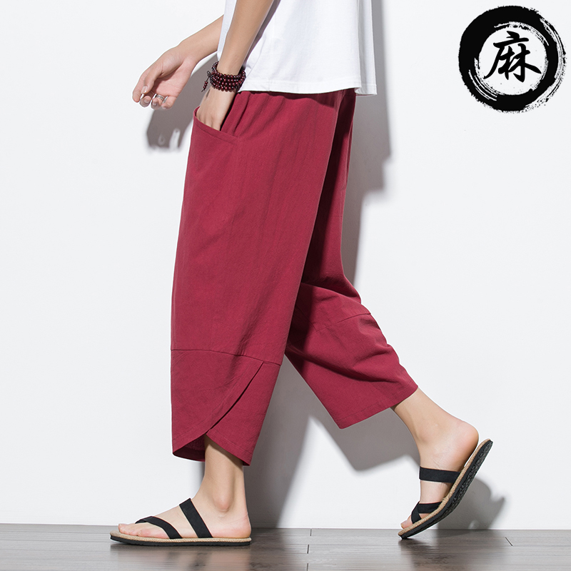 夏中国风薄款七分裤男棉麻复古阔腿裤马裤大码休闲亚麻哈伦短裤