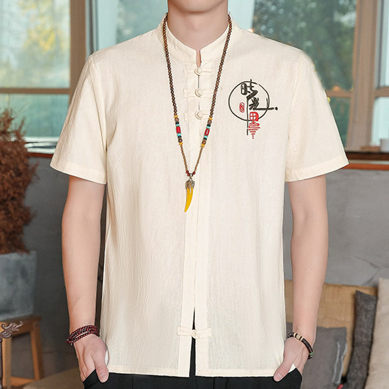 亚麻短袖t恤男士古风盘扣刺绣男衬衫棉麻宽松大码体恤上衣小衫