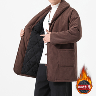 2025冬季中长款加厚棉衣男新中式休闲唐装汉服棉袄宽松棉袍外套