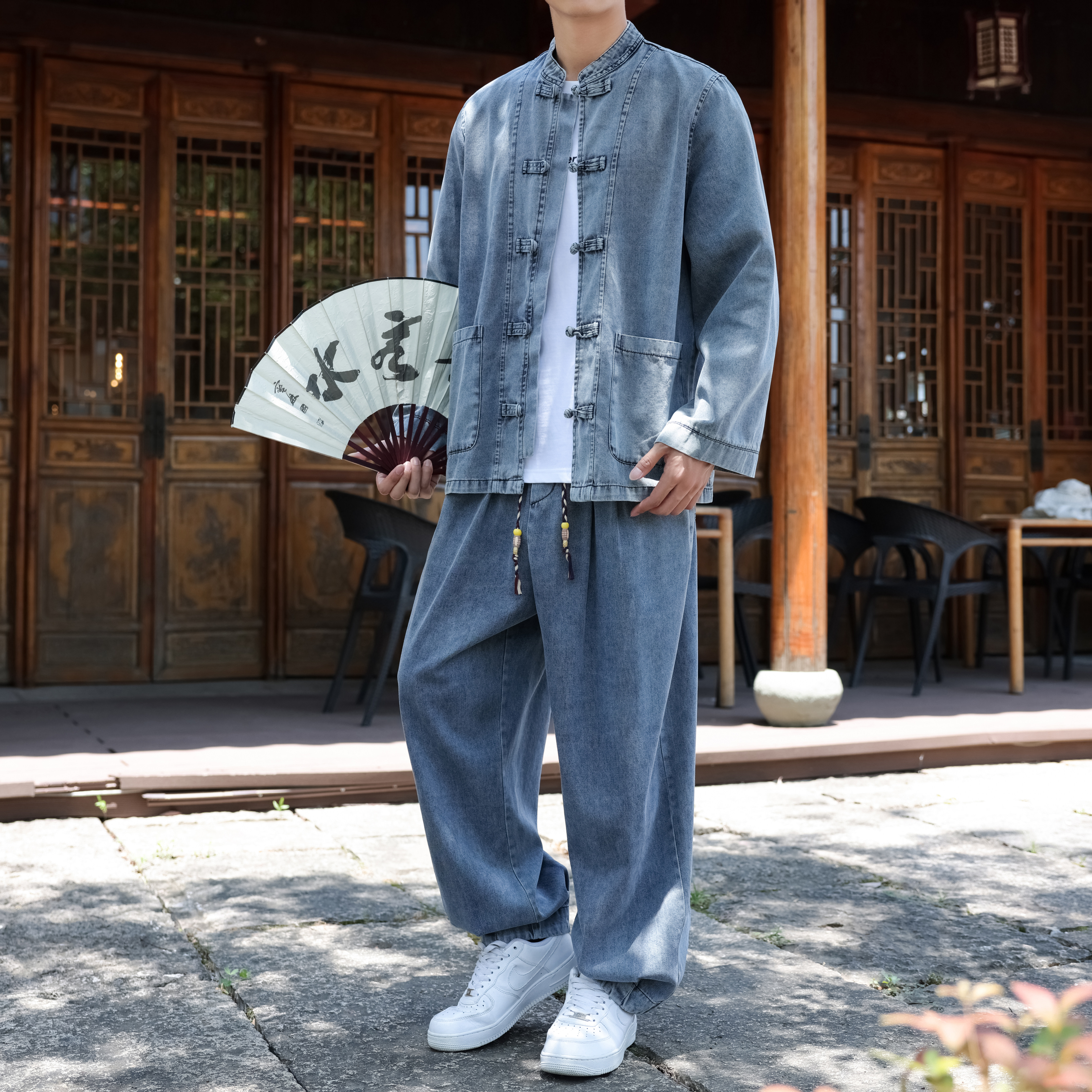 2026新款牛仔夹克男春季中国风套装新中式复古薄款外套宽松大码