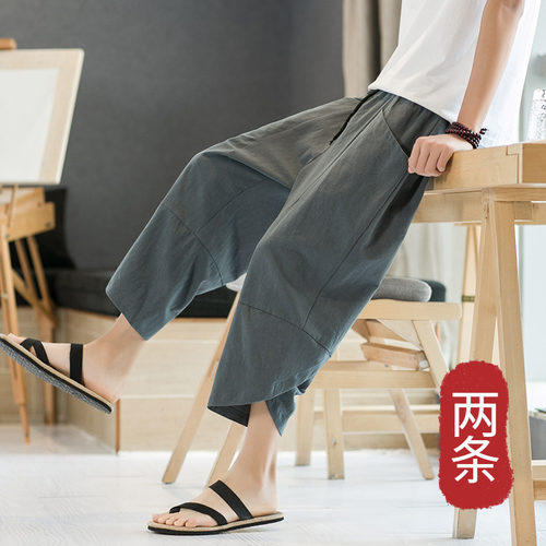 夏季中国棉麻七分裤复古