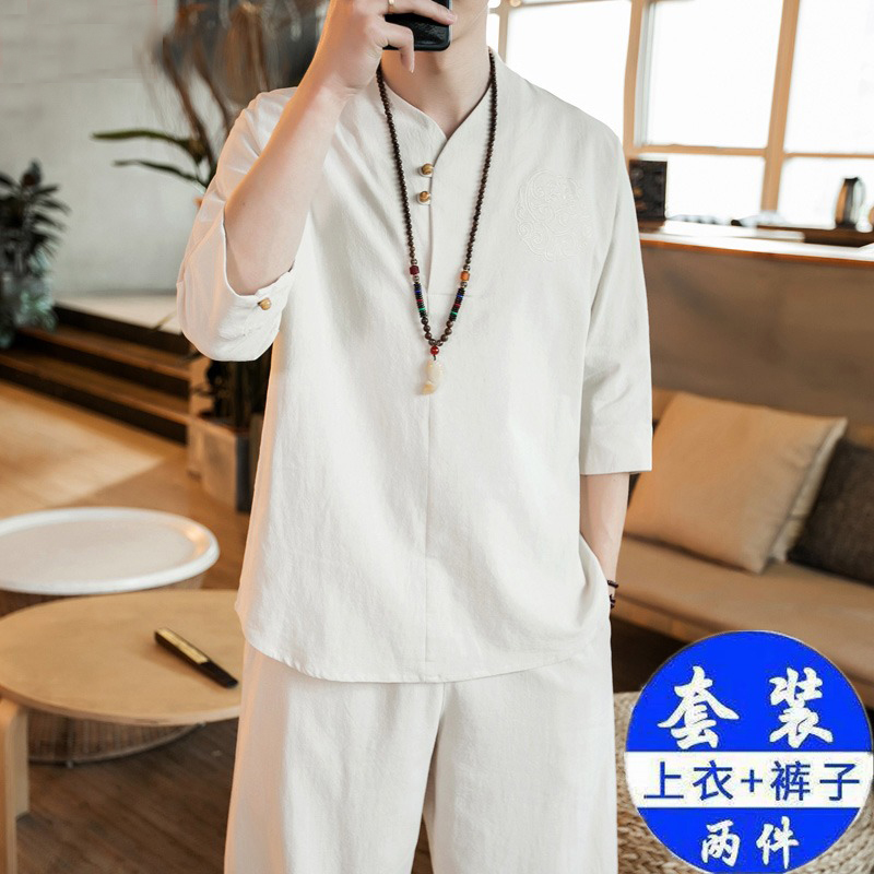棉麻亚麻唐装汉服套装两件套