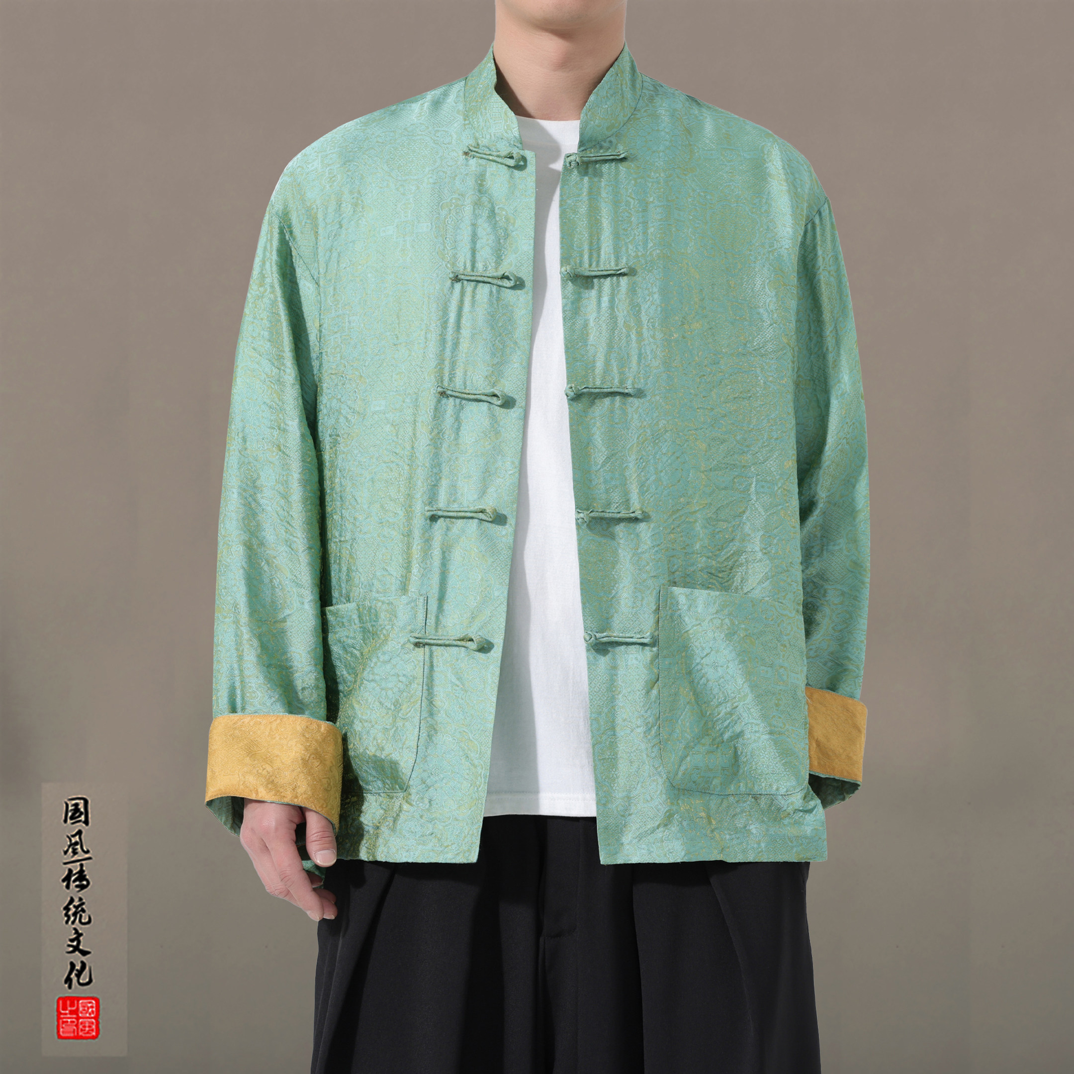 新中式唐装男士衬衫复古立领盘扣薄款长袖衬衣提花休闲大码宽松