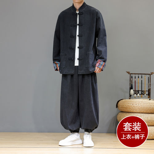 中国风民族风盘扣牛仔夹克大桶裤套装