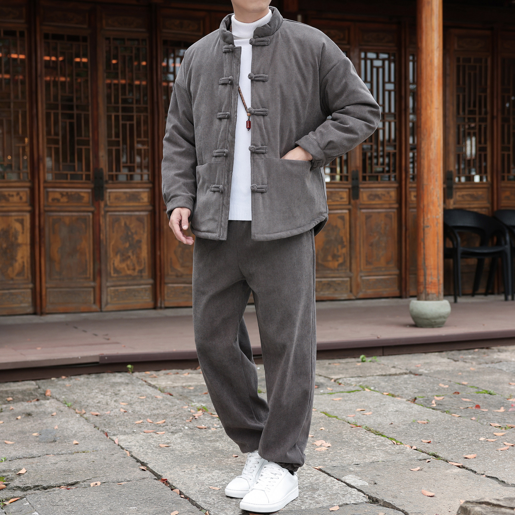 冬季加厚保暖棉衣套装男中式复古立领唐装休闲两件套中山棉服外套